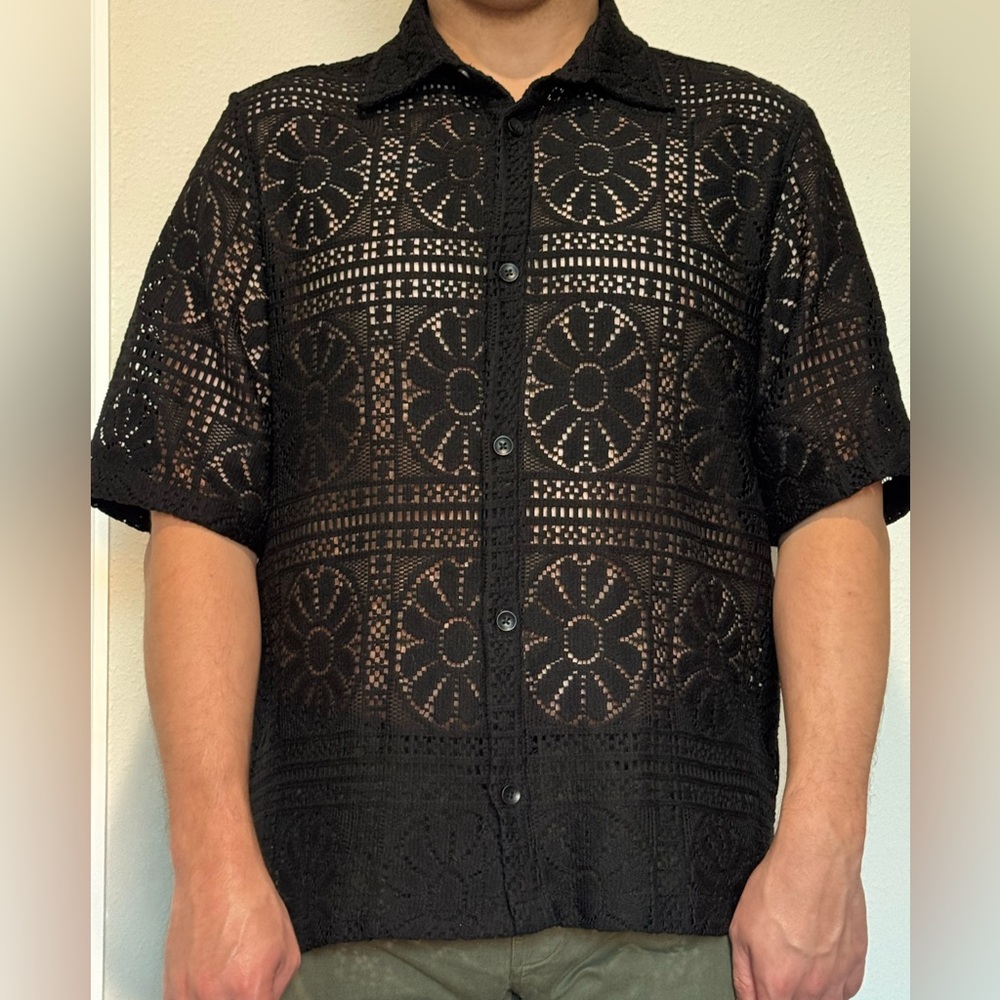 Zara Black Crochet Pattern Button Down Shirt